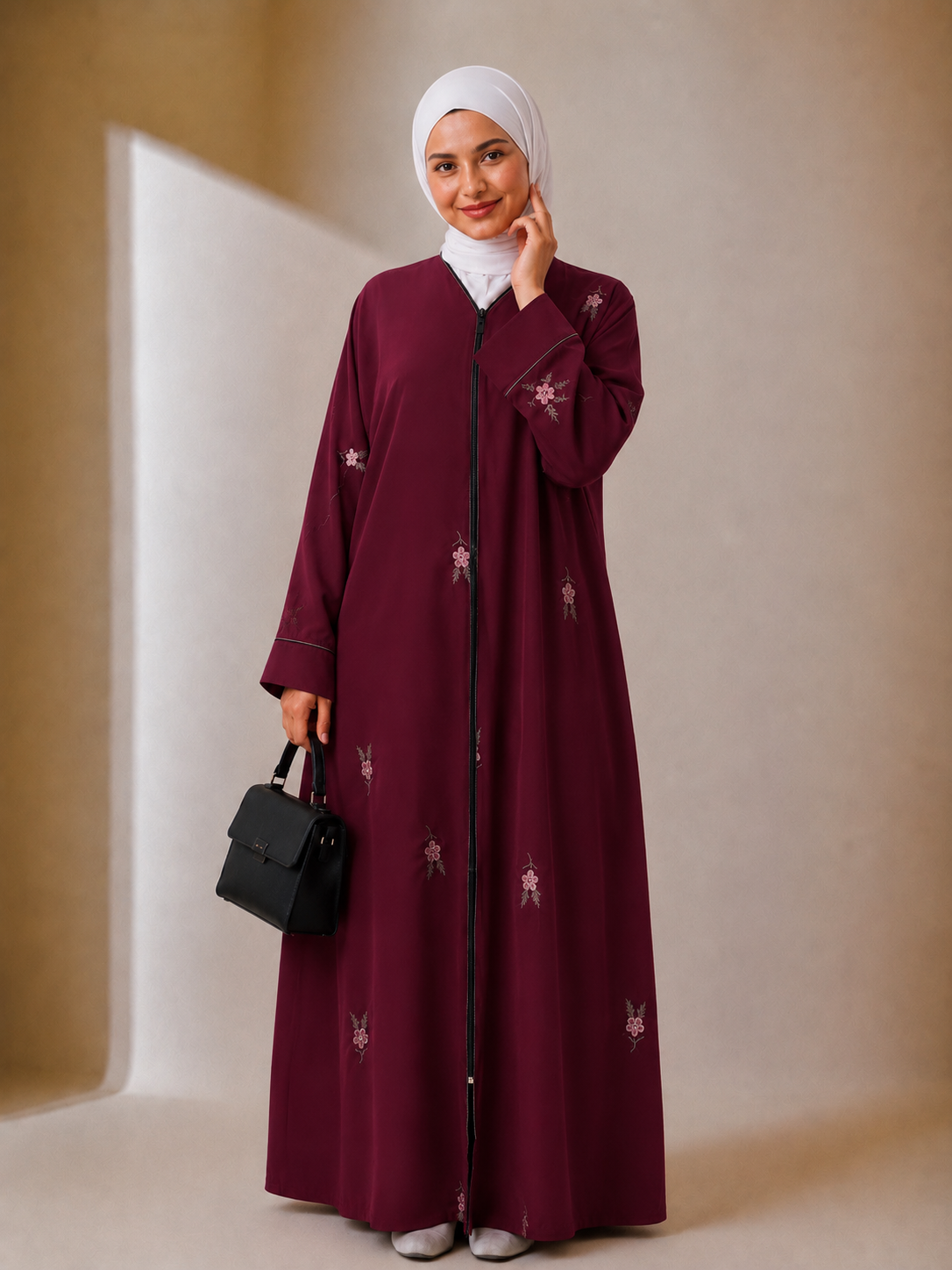 Islamic Modest Floral Embroidered Zip Front open Abaya for Women with beadworks - Maroon