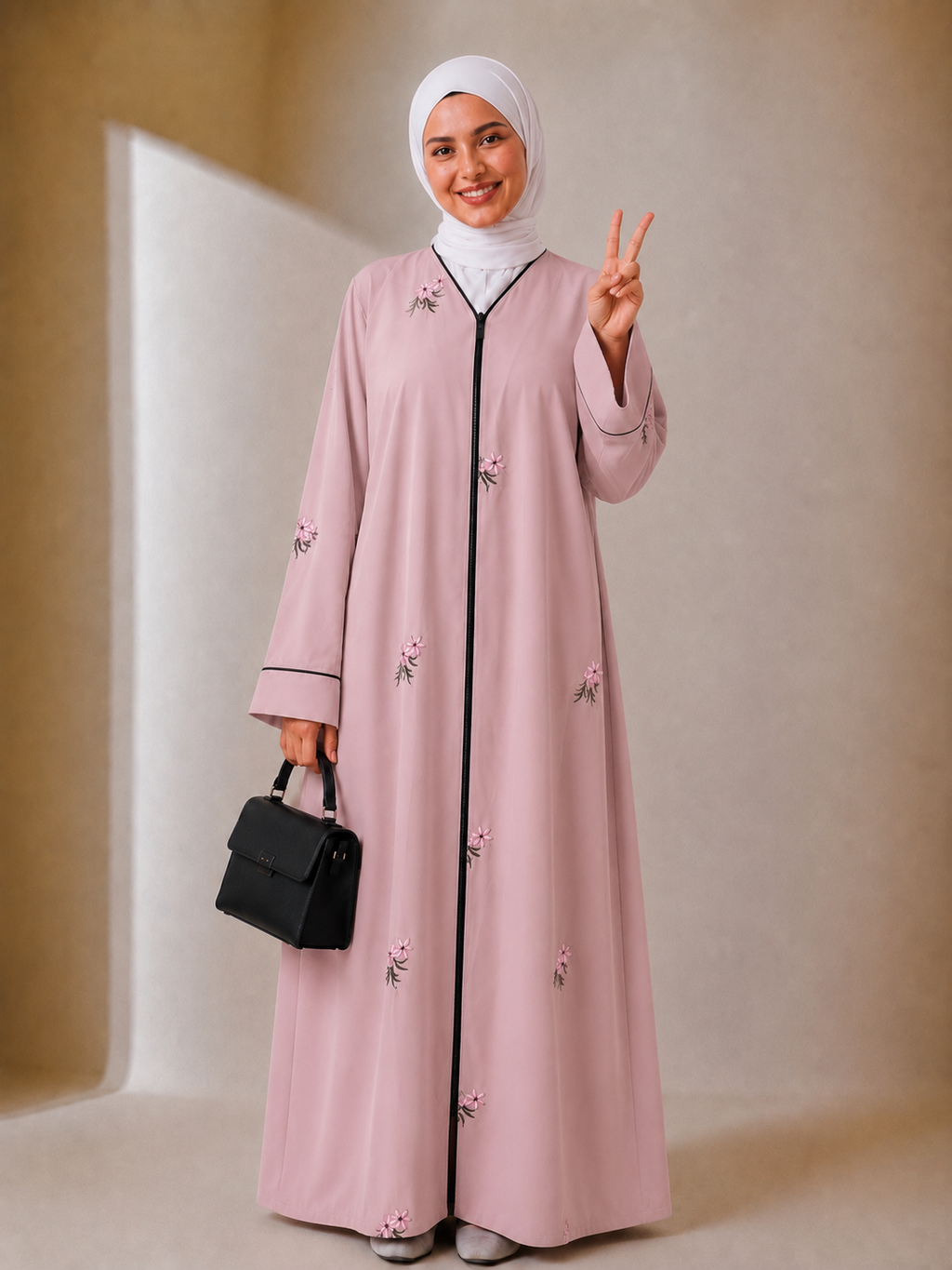Islamic Modest Floral Embroidered Zip Front open Abaya for Women with beadworks - Light Pink