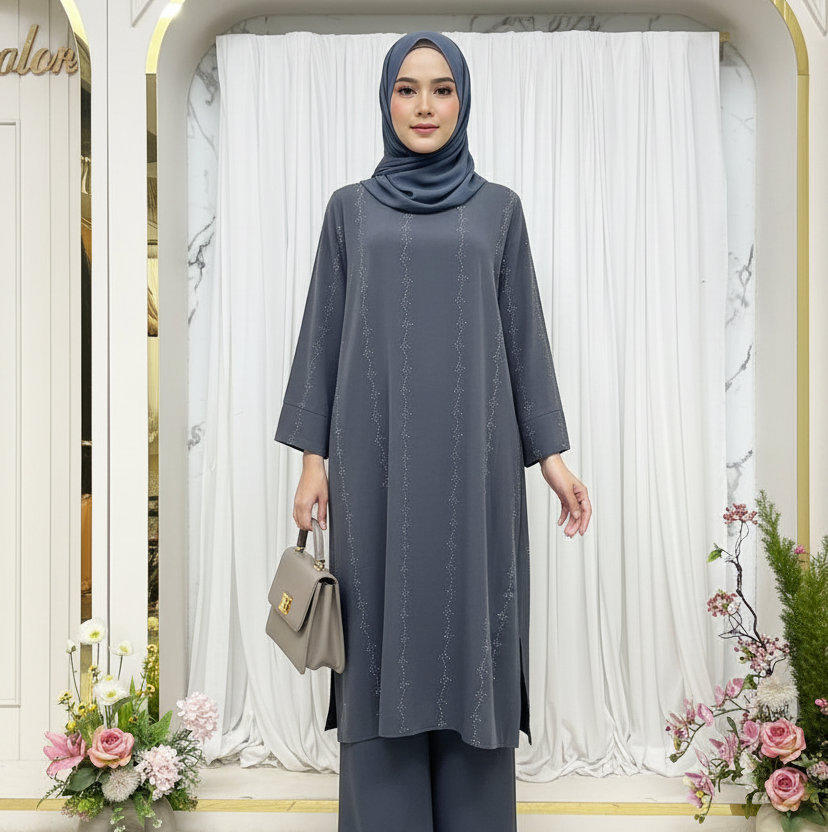 Yumna Women's Long Length 2 Piece Co-Ord Set with Beadwork (Grey)