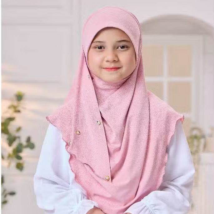 Noor Instant Ironless Kids Hijab with pearl and elastic chin (M size) Light pink