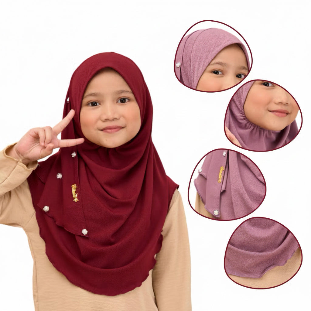 Noor Instant Ironless Kids Hijab with pearl and elastic chin (S size) Black