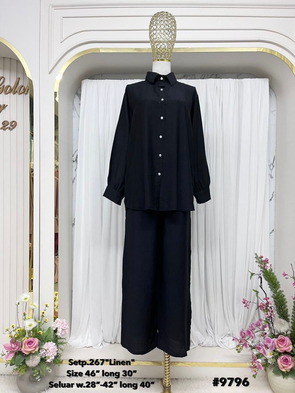 Zahraa Modest Cotton Linen 2 Pieces Short Length Co-Ord Set (Black)