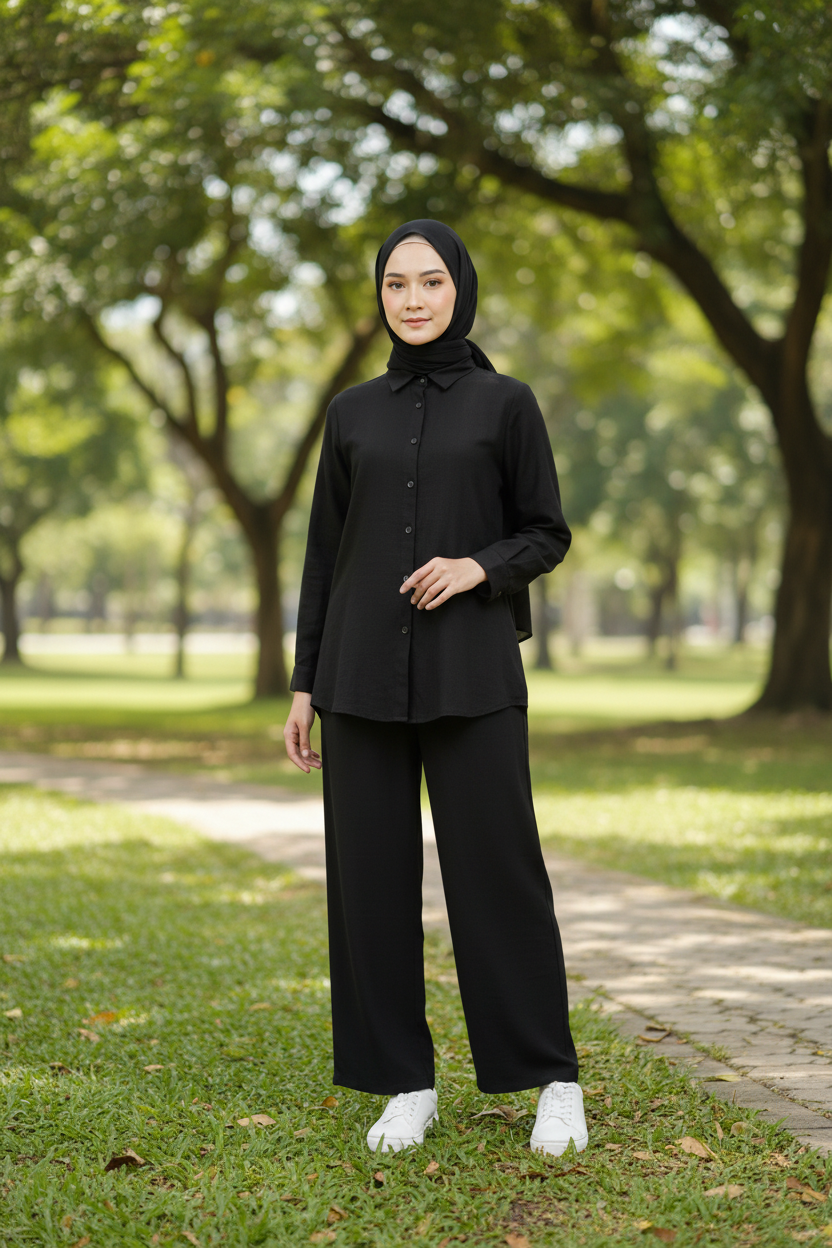 Zahraa Modest Cotton Linen 2 Pieces Short Length Co-Ord Set (Black)