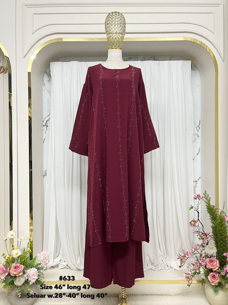 Yumna Women's Long Length 2 Piece Co-Ord Set with Beadwork (Maroon)