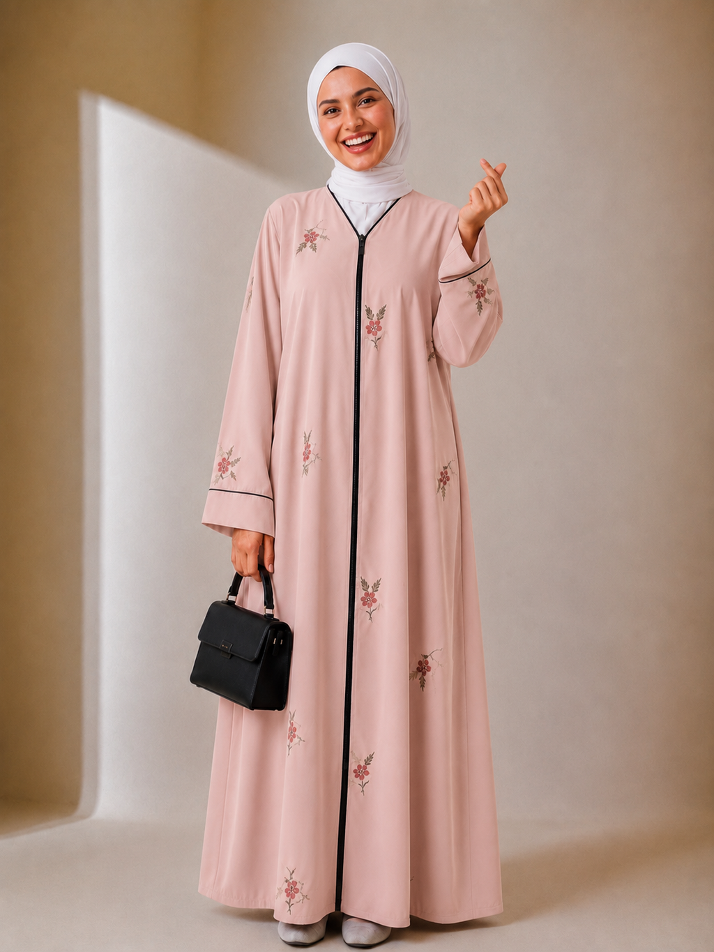 Islamic Modest Floral Embroidered Zip Front open Abaya for Women with beadworks - Peach