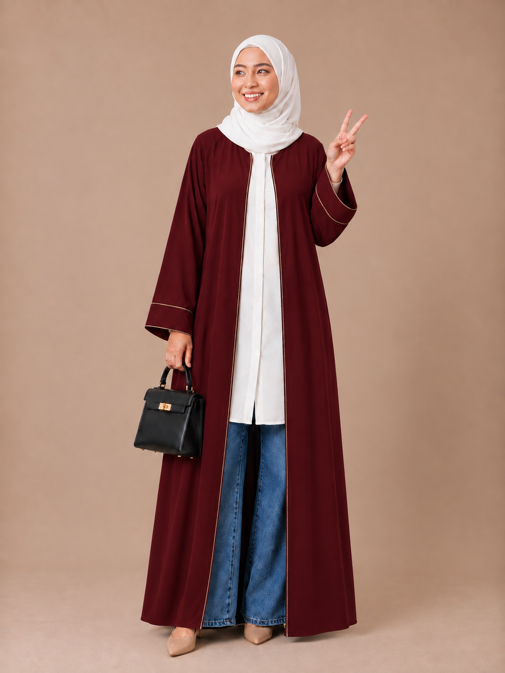 Mom & daughter Aeisha Essential Classic daily zipped - fully opened front abaya