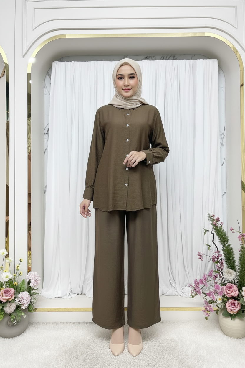 Zahraa Modest Cotton Linen 2 Pieces Short Length Co-Ord Set (Dark Brown)