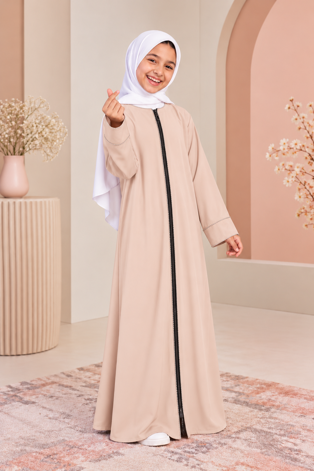 Essential daily girls abaya with zipper . Front opens