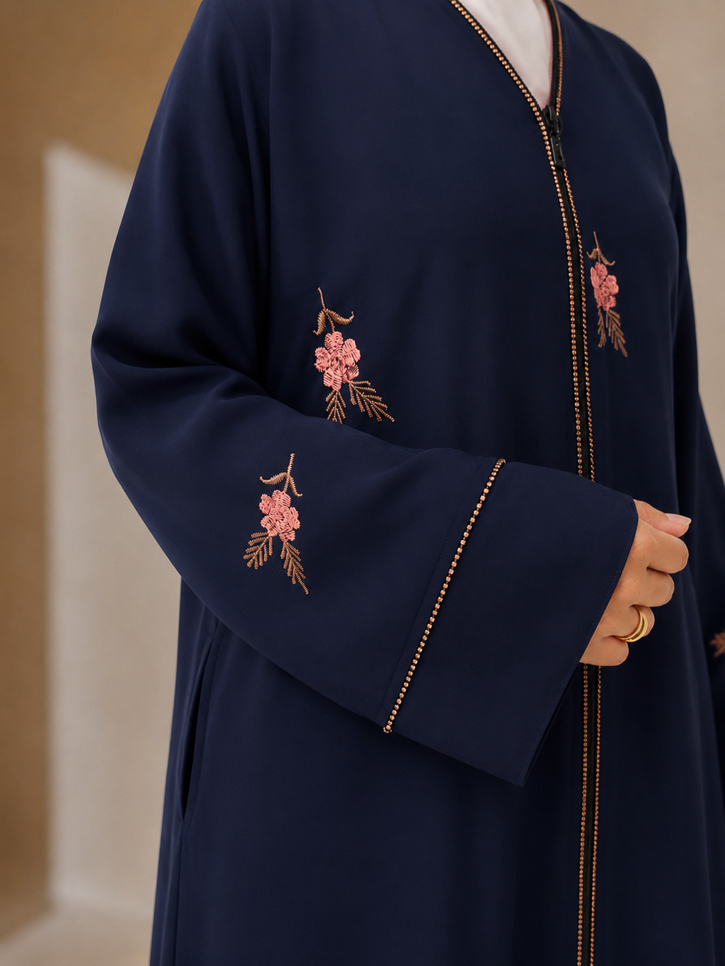 Islamic Modest Floral Embroidered Zip Front open Abaya for Women with beadworks - Navy Blue