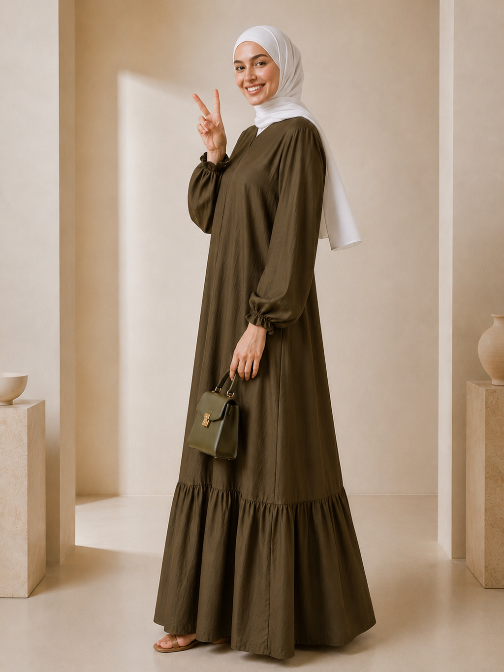Tasnym Zipper Premium Modest Cotton Linen Abaya Dress Olive