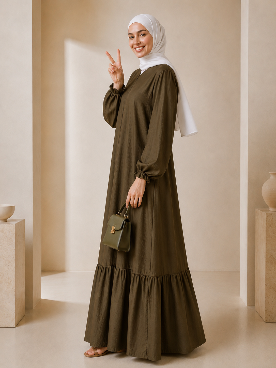 Tasnym Zipper Premium Modest Cotton Linen Abaya Dress Olive