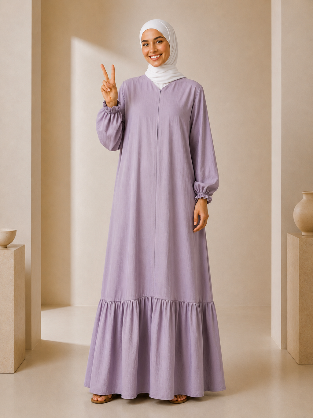 Tasnym Zipper Premium Modest Cotton Linen Abaya Dress Light Lavender