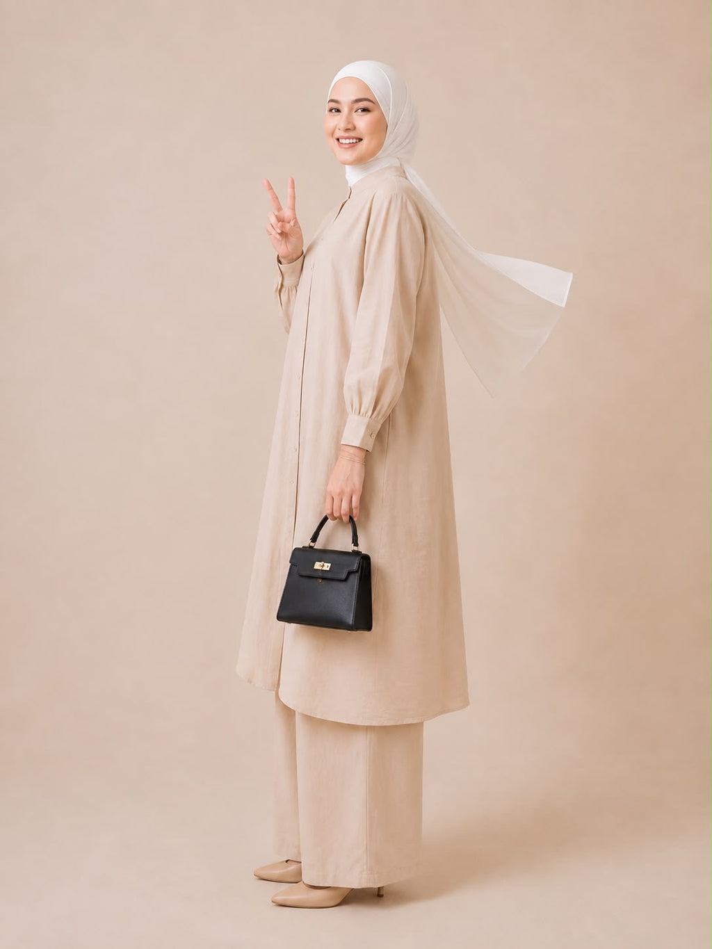 Noor Modest Cotton Linen 2 Pieces Long Co-Ord Set (Cream)