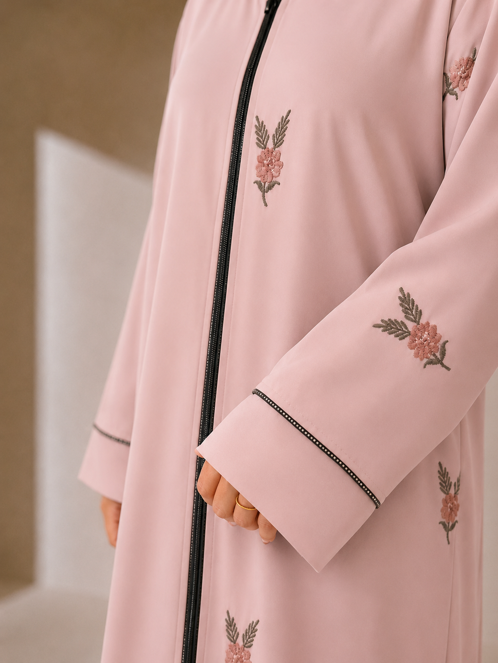 Islamic Modest Floral Embroidered Zip Front open Abaya for Women with beadworks - Peach