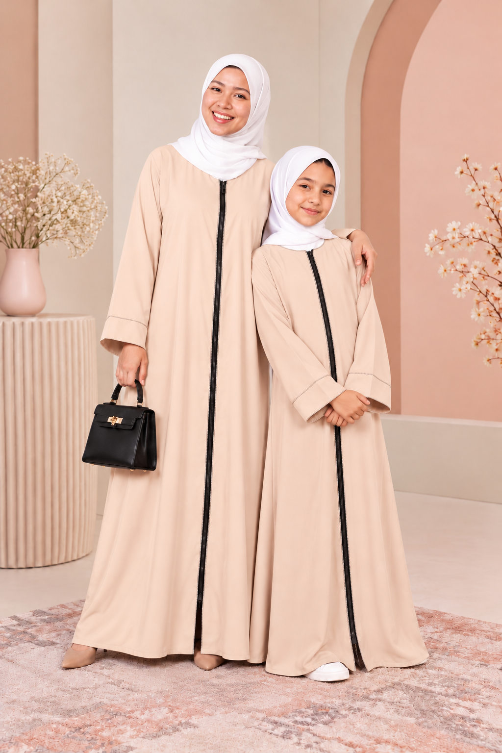 Mom & daughter Aeisha Essential Classic daily zipped - fully opened front abaya