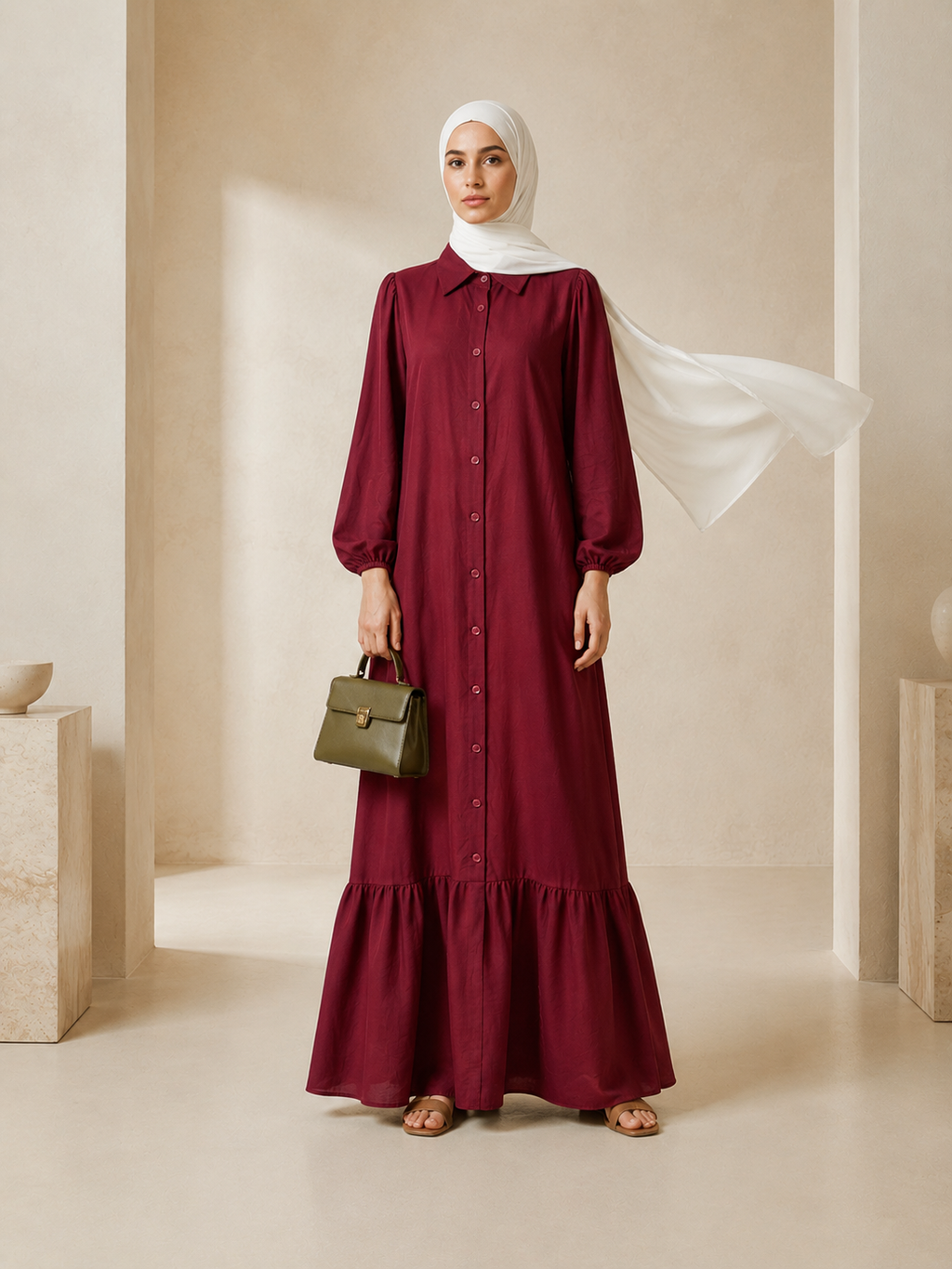 Hayfa Buttoned Premium Modest Cotton Linen Dress Breathable Long Sleeve Loose Fit Maxi Dress Maroon