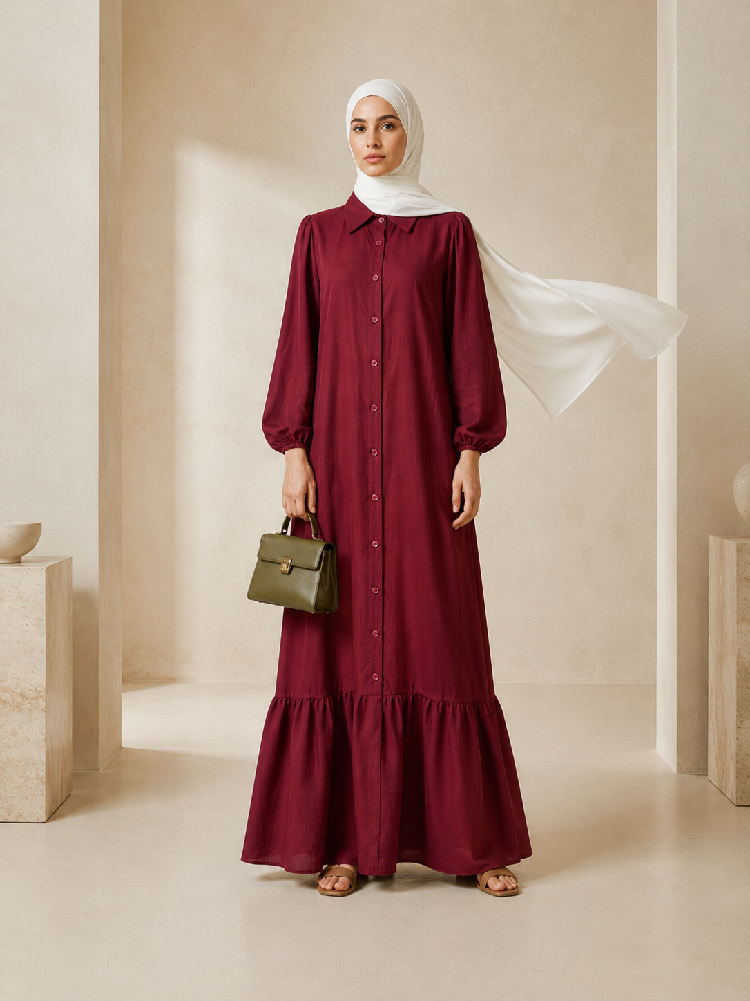 Hayfa Buttoned Premium Modest Cotton Linen Dress Breathable Long Sleeve Loose Fit Maxi Dress Maroon