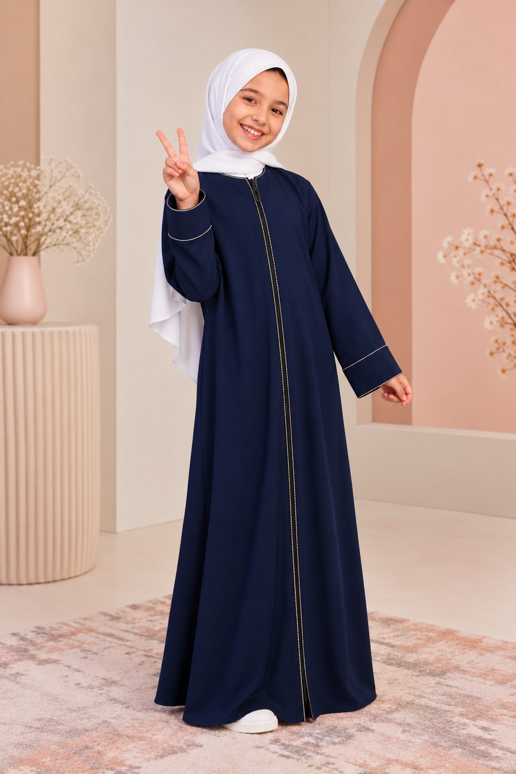Essential daily girls abaya with zipper . Front opens
