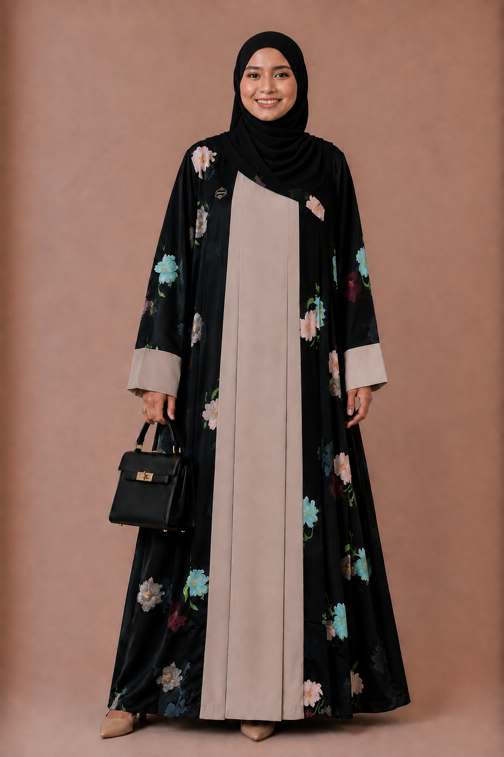 Ameena floral print 2 piece set abaya with front opening