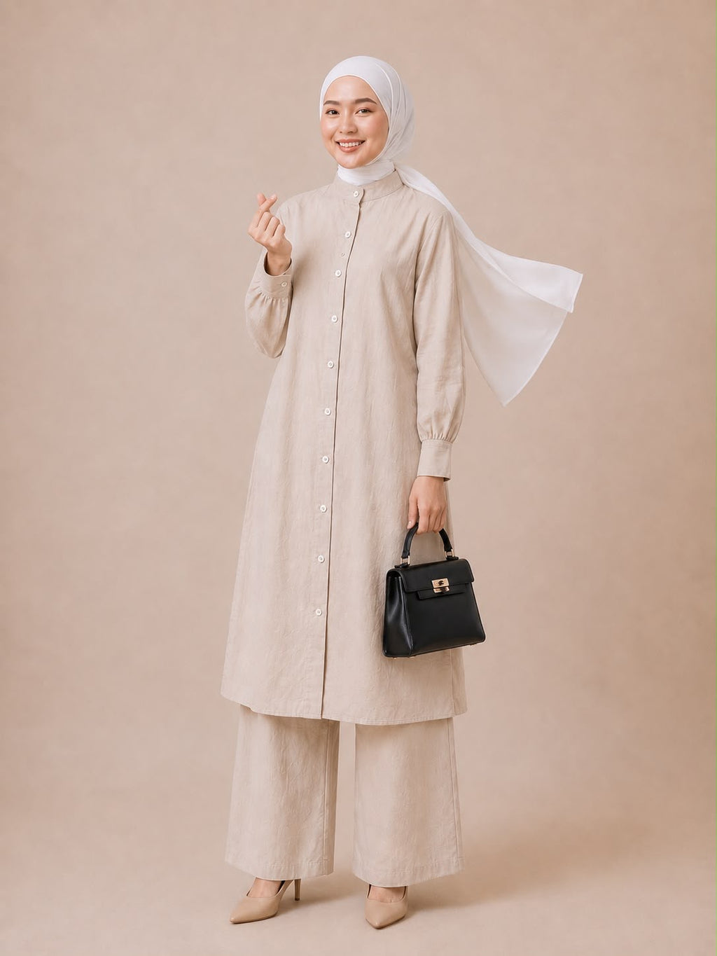 Noor Modest Cotton Linen 2 Pieces Long Co-Ord Set (Cream)