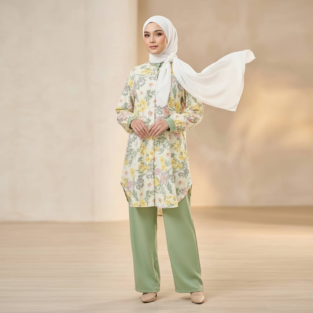 Beesan Medium Length Women's Modest Italy Crepe 2 Piece Suit | Floral Print Co-Ord Set for Work & Casual Wear (Light Green)