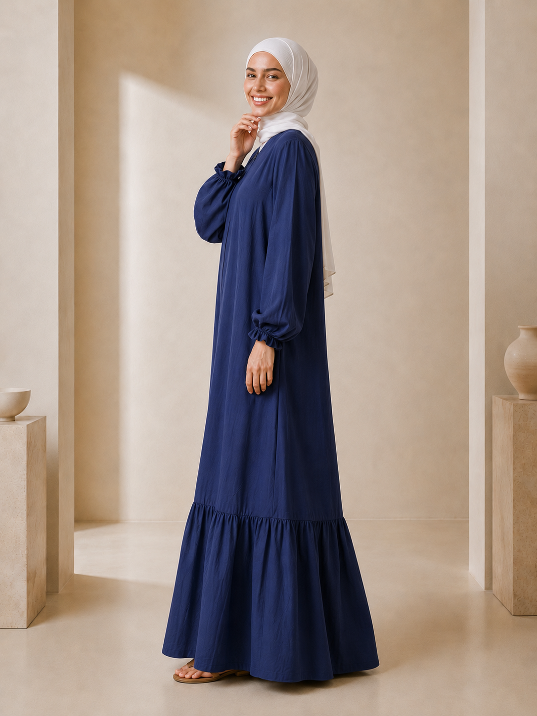 Tasnym Zipper Premium Modest Cotton Linen Abaya Dress Navy Blue