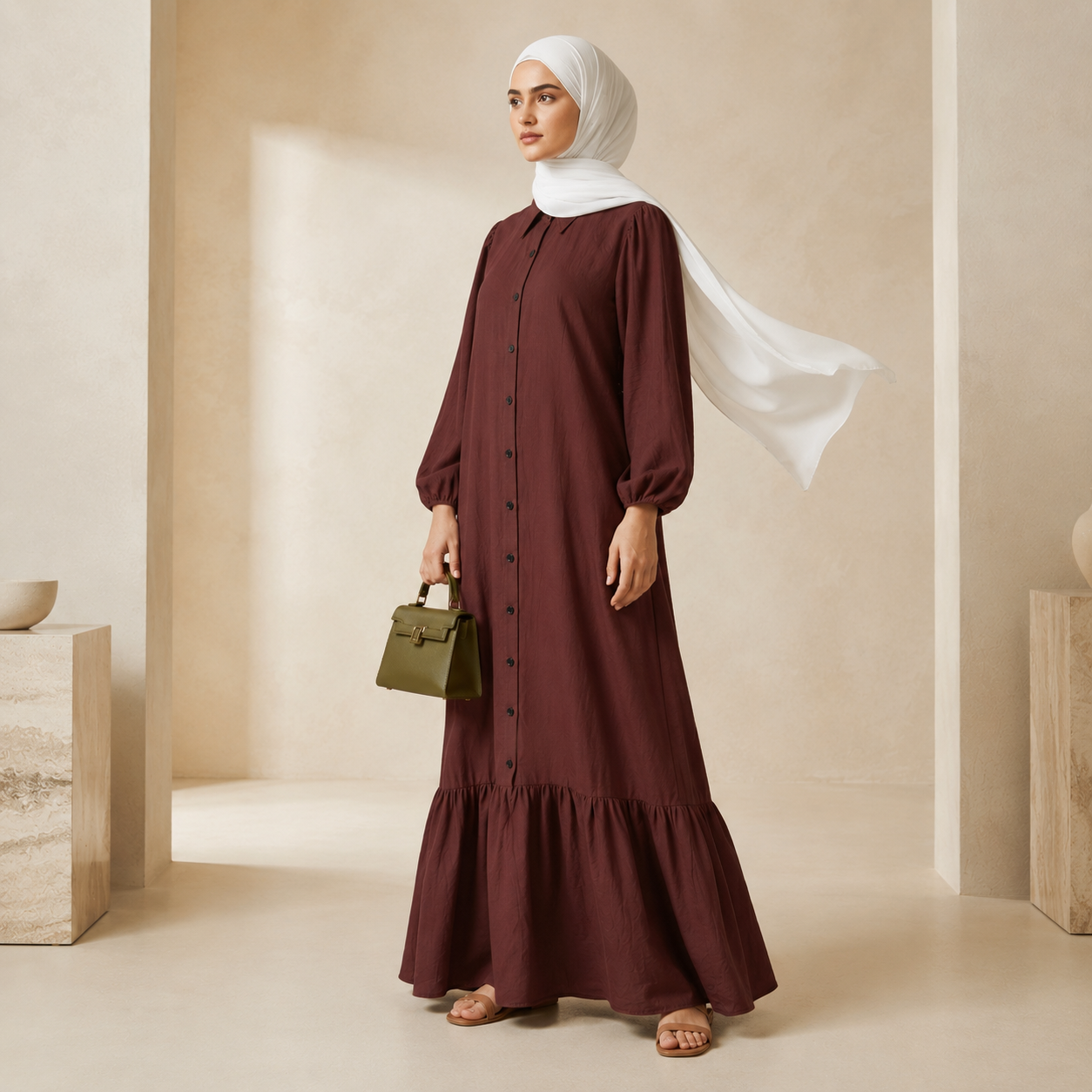 Hayfa Buttoned Premium Modest Cotton Linen Dress Breathable Long Sleeve Loose Fit Maxi Dress Rich Brown