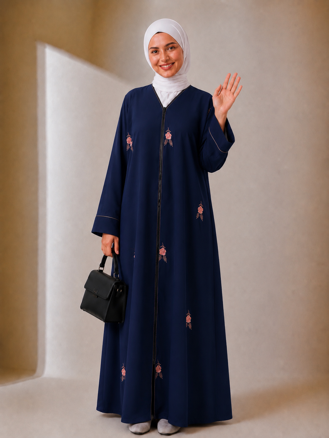 Islamic Modest Floral Embroidered Zip Front open Abaya for Women with beadworks - Navy Blue