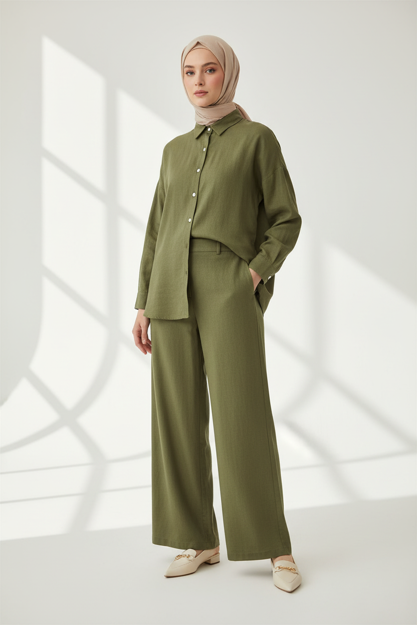 Zahraa Modest Cotton Linen 2 Pieces Short Length Co-Ord Set (Olive)