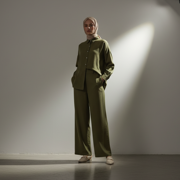 Zahraa Modest Cotton Linen 2 Pieces Short Length Co-Ord Set (Olive)