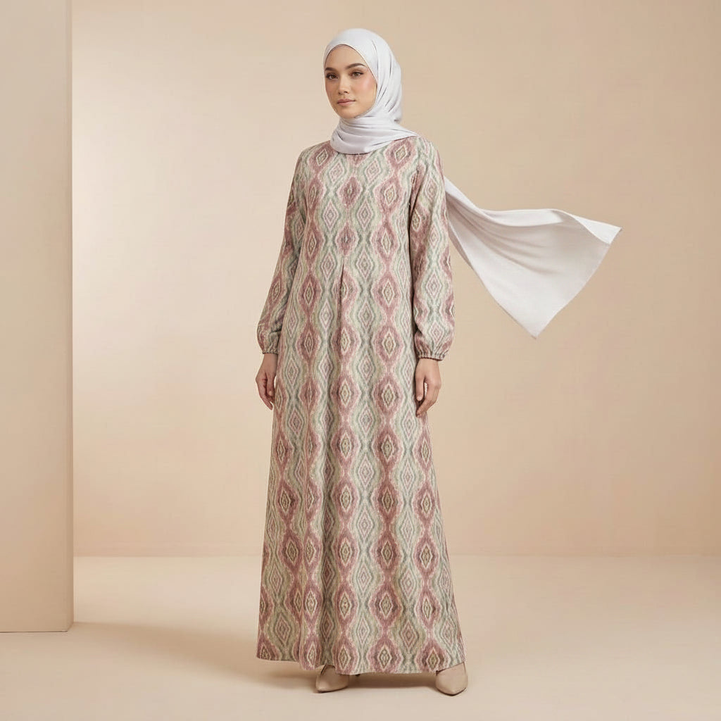 Yaafa Modest Abaya Malaysian Batik Print with front zipper (Pastel Pink)