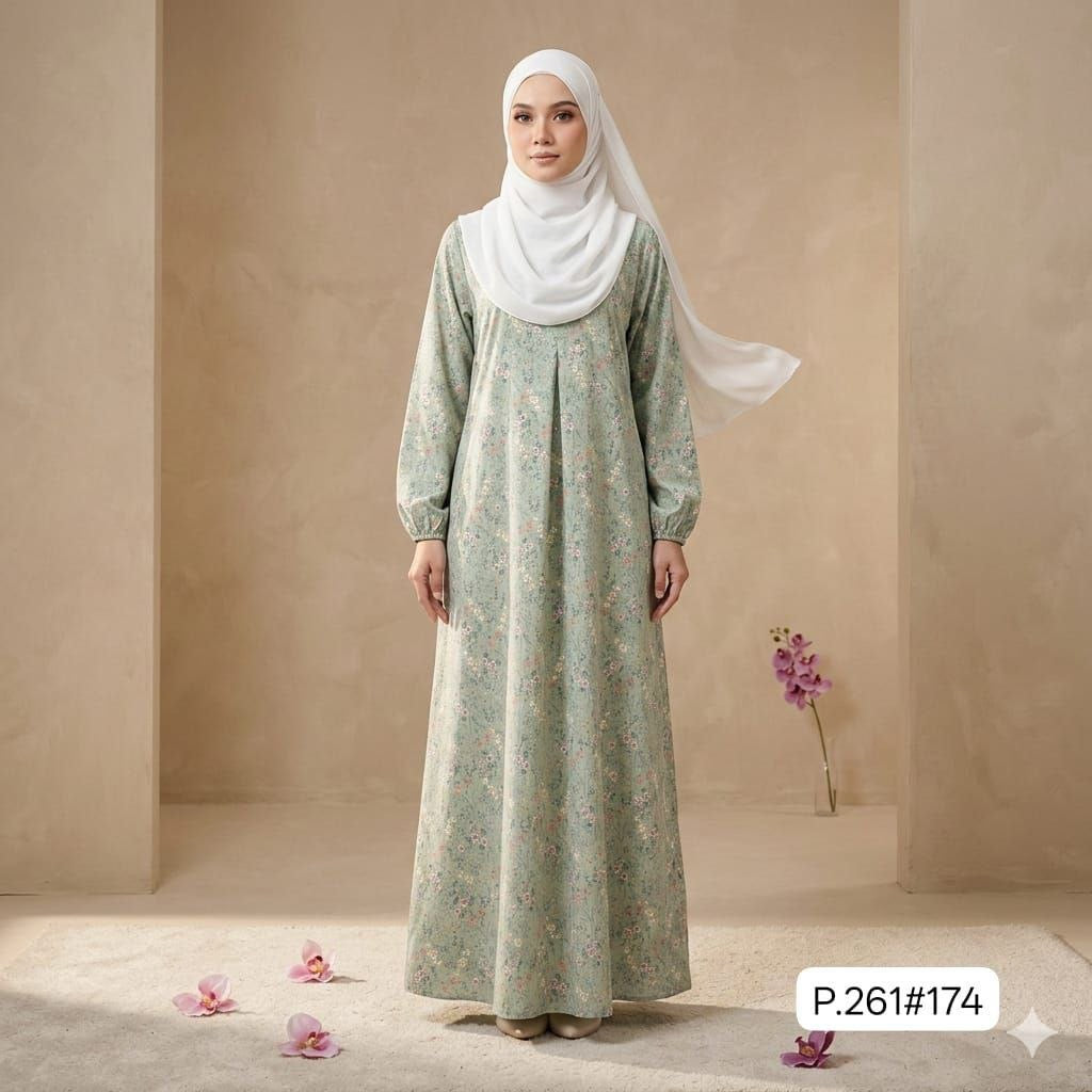 Jenin Modest Abaya Floral Print with front zipper Italian crepe (Pastel Green)