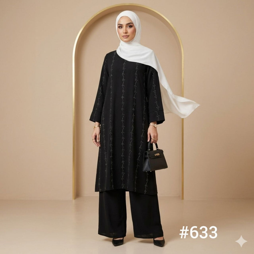 Yumna Women's Long Length 2 Piece Co-Ord Set with Beadwork (Black)