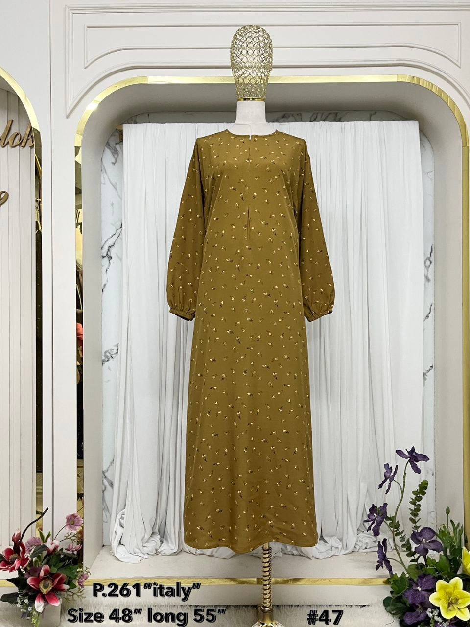 Jenin Modest Abaya Floral Print with front zipper Italian crepe (Dark olive)
