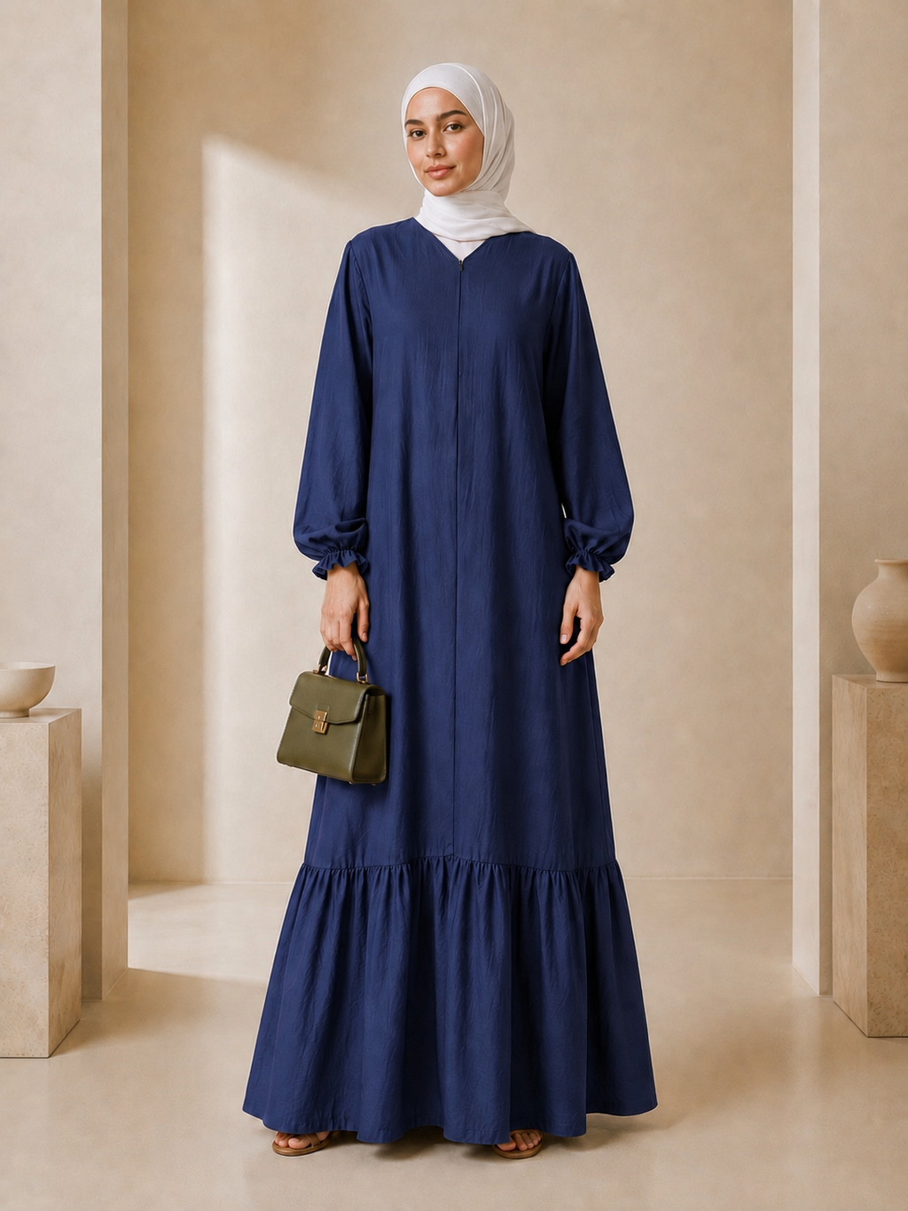 Tasnym Zipper Premium Modest Cotton Linen Abaya Dress Navy Blue