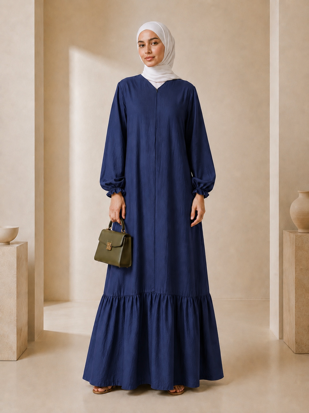 Tasnym Zipper Premium Modest Cotton Linen Abaya Dress Navy Blue