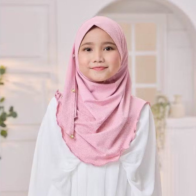 Noor Instant Ironless Kids Hijab with pearl and elastic chin (S size) Light pink