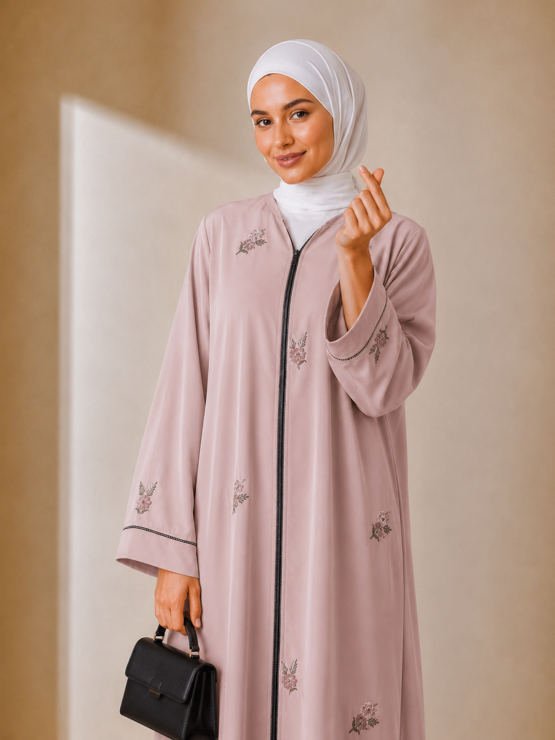 Islamic Modest Floral Embroidered Zip Front open Abaya for Women with beadworks - Light Pink