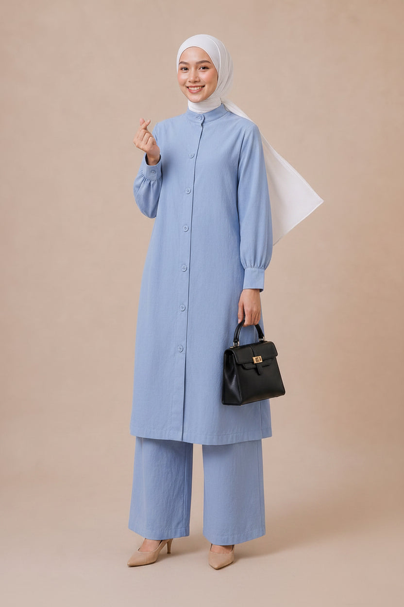 Noor Modest Cotton Linen 2 Pieces Long Co-Ord Set ( Sky Blue)