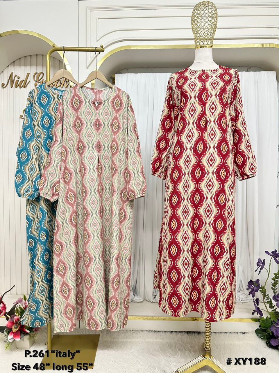 Yaafa Modest Abaya Malaysian Batik Print with front zipper (Pastel Pink)