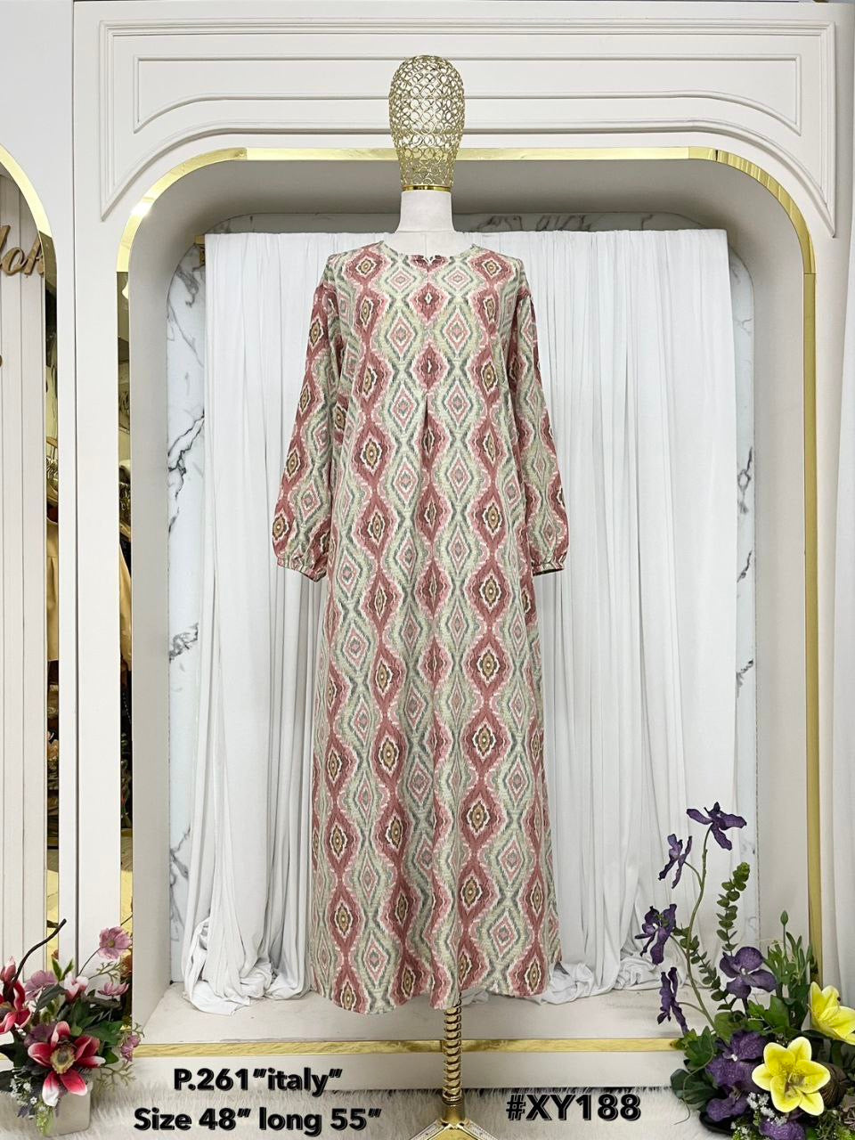 Yaafa Modest Abaya Malaysian Batik Print with front zipper (Pastel Pink)