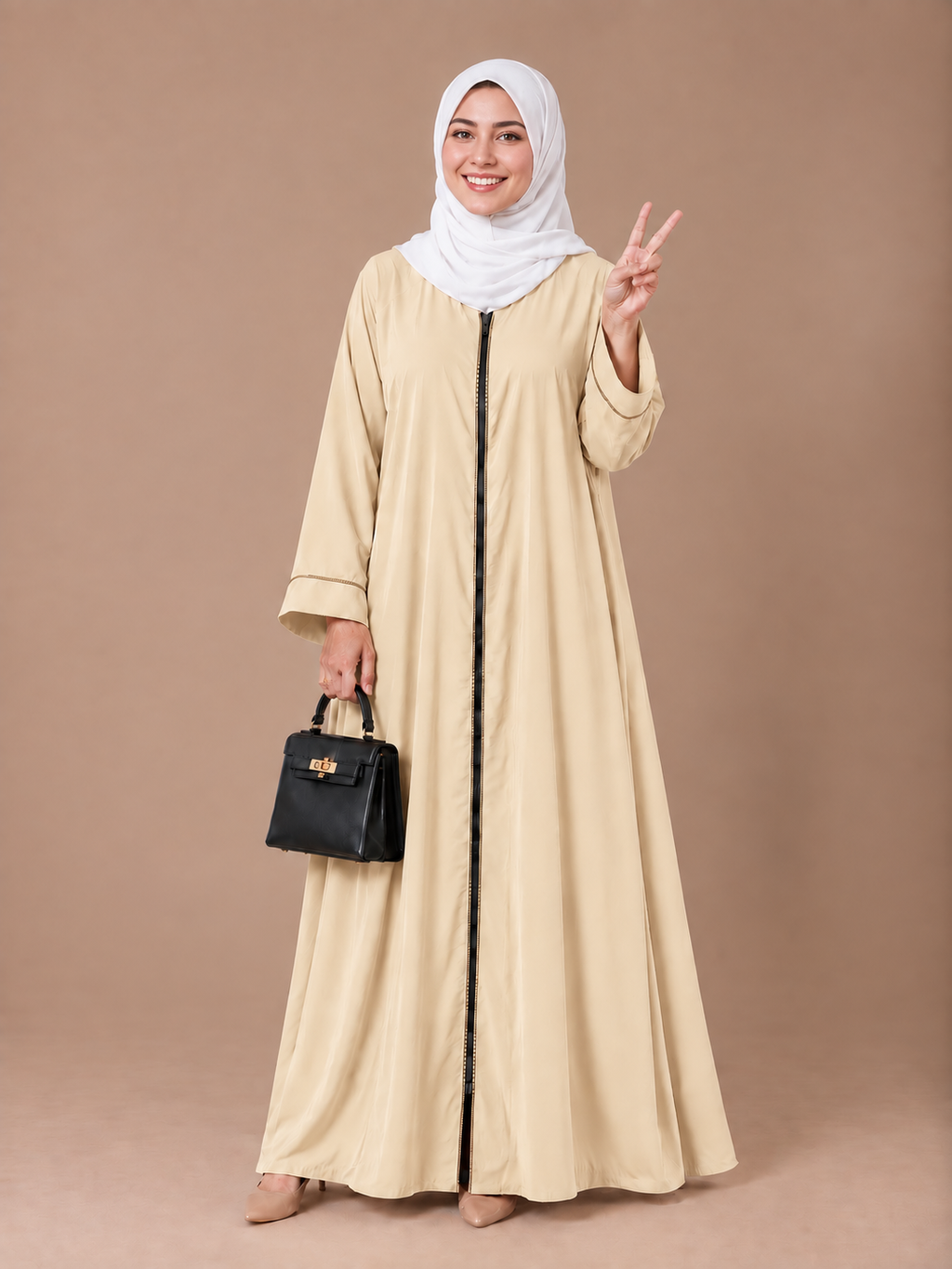 Mom & daughter Aeisha Essential Classic daily zipped - fully opened front abaya