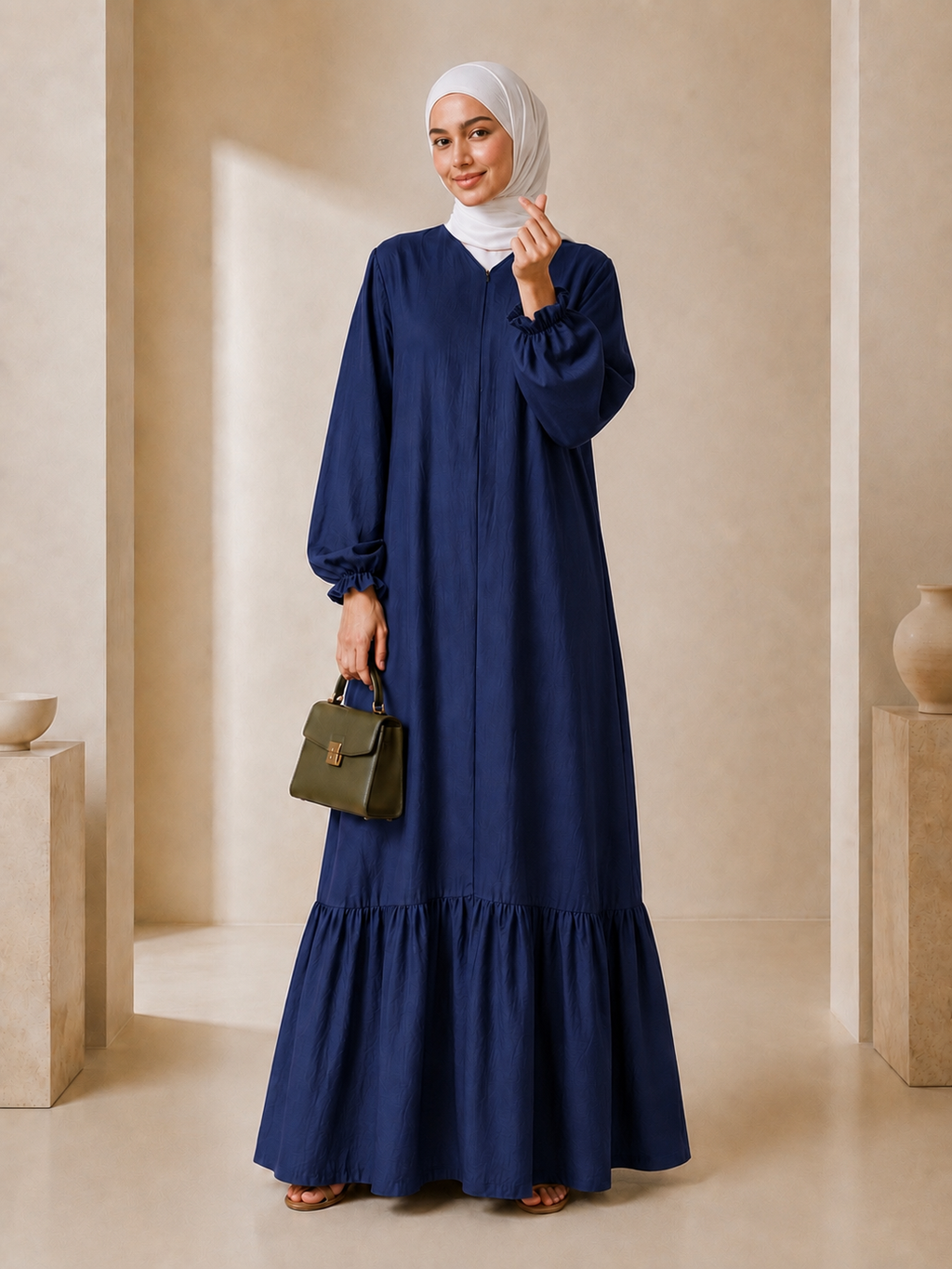 Tasnym Zipper Premium Modest Cotton Linen Abaya Dress Navy Blue