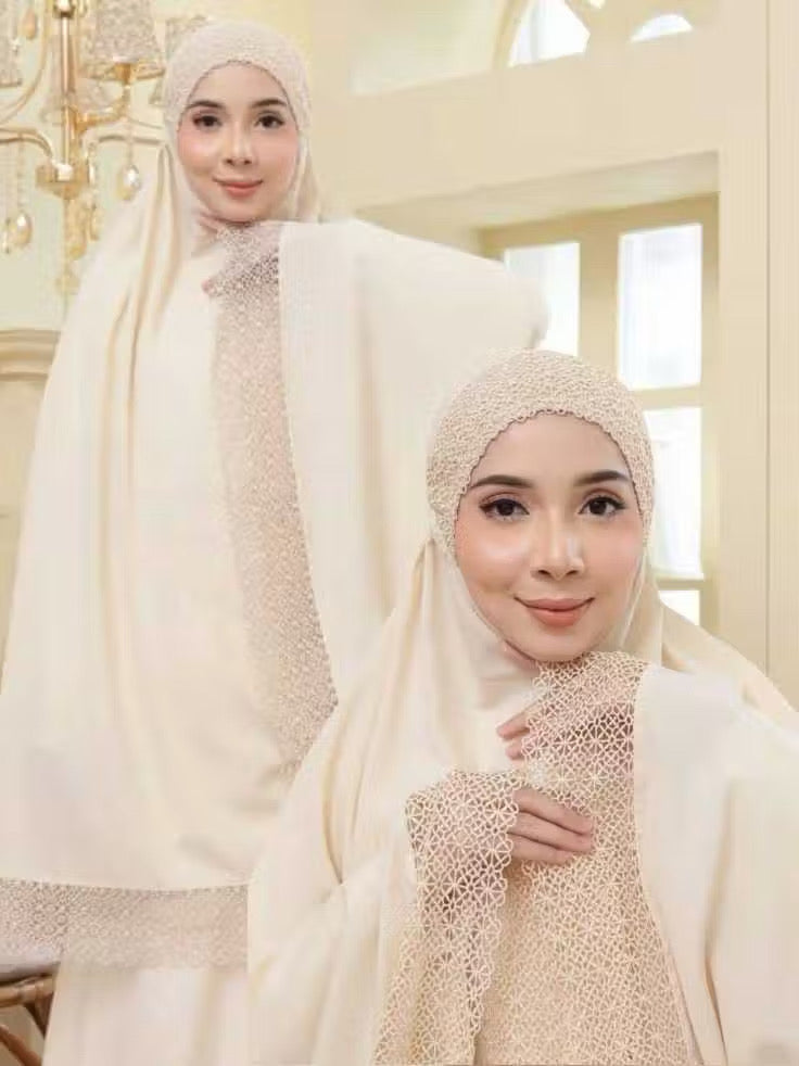 Prayer Clothes for Muslim Women - 2 Pcs Dress & Headscarf Set with Lace Detailing Modest