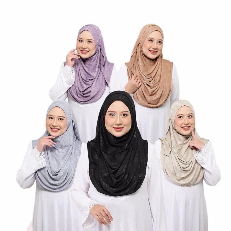 Instant Hijab - 2 Face hole Shawl in Cotton Ribbed   with floral embossed for Versatile Styling Options