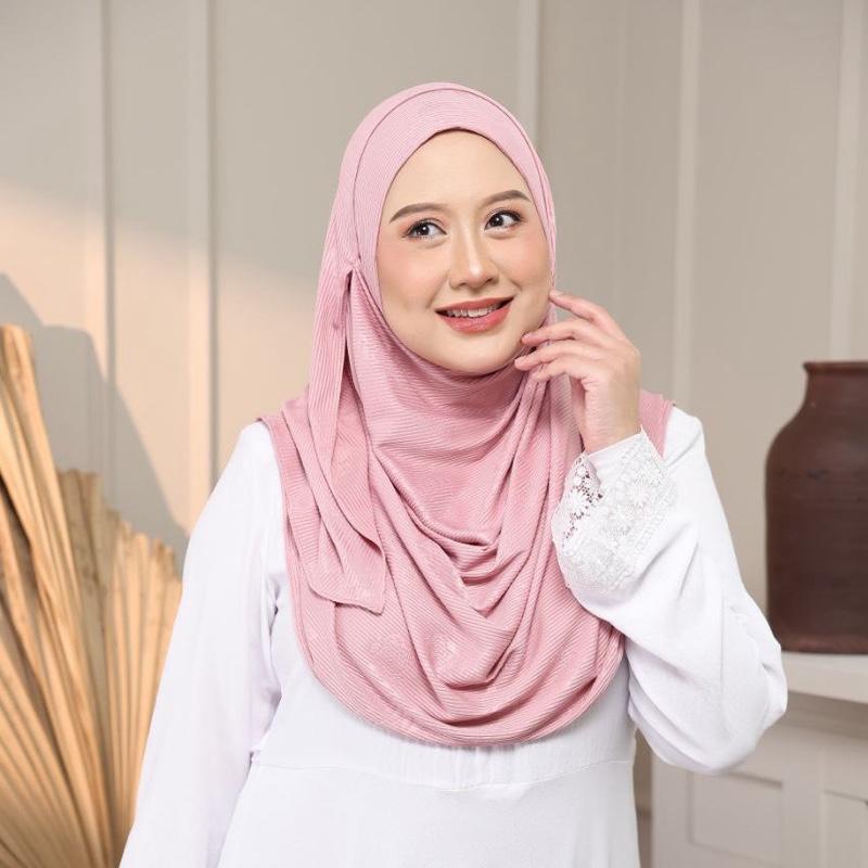 Instant Hijab - 2 Face hole Shawl in Cotton Ribbed   with floral embossed for Versatile Styling Options