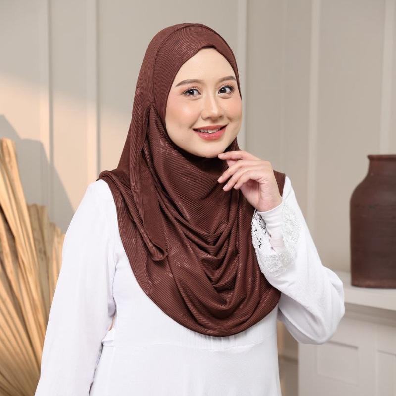 Instant Hijab - 2 Face hole Shawl in Cotton Ribbed   with floral embossed for Versatile Styling Options