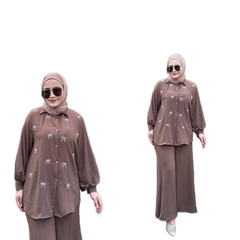 Women 2 Piece Set Bow Pattern Blouse & Pants Cooling Material Everyday Wear Ideal Casual Outings Suits Clothes, Top eid outfit abaya modern