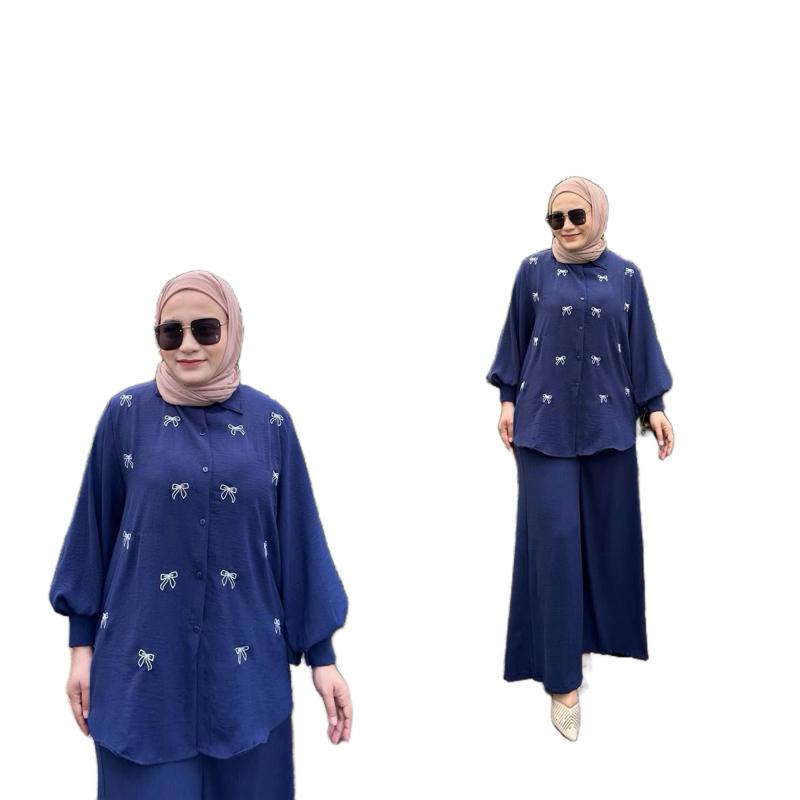Women 2 Piece Set Bow Pattern Blouse & Pants Cooling Material Everyday Wear Ideal Casual Outings Suits Clothes, Top eid outfit abaya modern