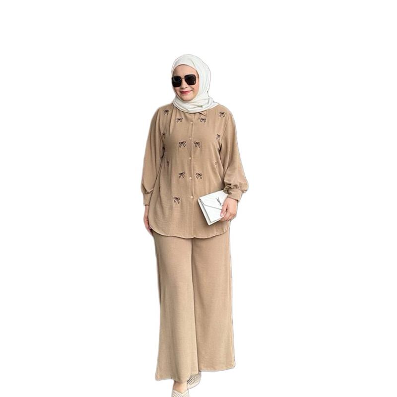 Women 2 Piece Set Bow Pattern Blouse & Pants Cooling Material Everyday Wear Ideal Casual Outings Suits Clothes, Top eid outfit abaya modern